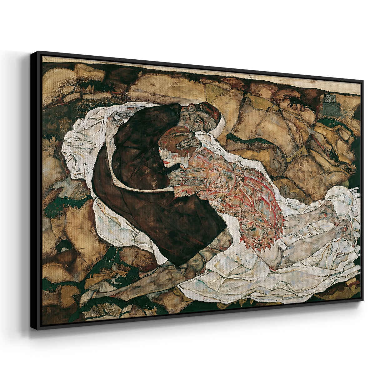 Angled view of Death and the Maiden, 1915 by Egon Schiele in a black floater framed canvas.