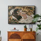 Death and the Maiden, 1915 by Egon Schiele in a black floater framed canvas featuring intertwined figures representing death and woman in emotional embrace, displayed above a wood console cabinet.