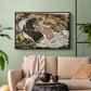 Black floater framed canvas featuring an intense composition exploring life and death through figures, displayed above a sofa in a modern living room.