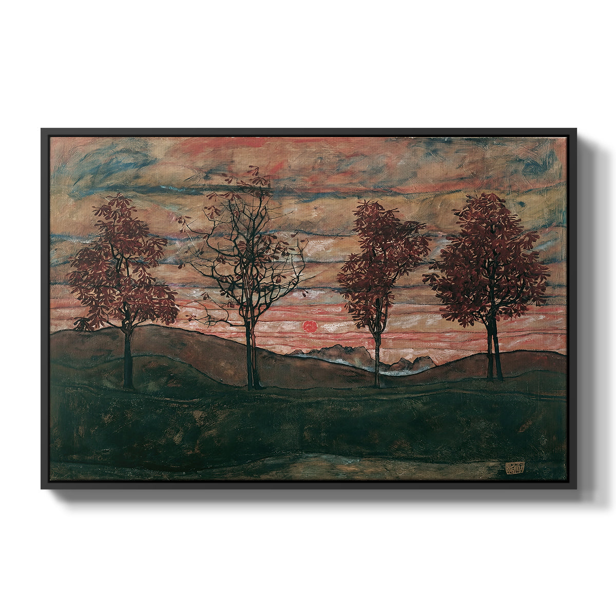 Four Trees, 1917 by Egon Schiele in a black floater framed canvas wall art display.