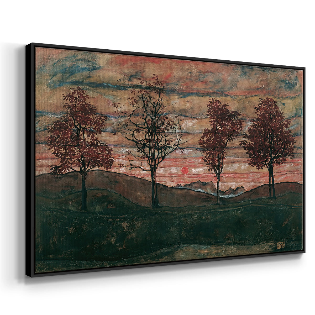 Angled view of Four Trees, 1917 by Egon Schiele in a black floater framed canvas.