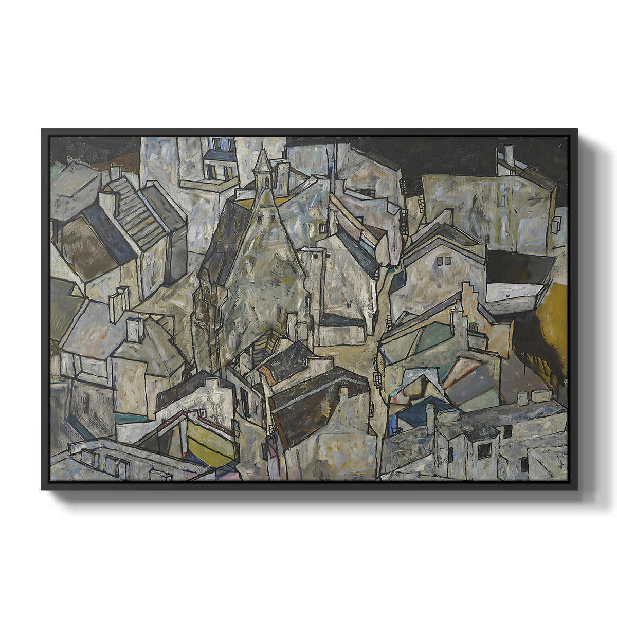 Mödling II, 1918 by Egon Schiele in a black floater framed canvas wall art display.