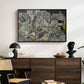 Mödling II, 1918 by Egon Schiele displayed in a black floater framed canvas above a dark wood credenza in an entryway.