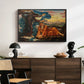 Earthbound, 1897 by Evelyn De Morgan displayed in a black floater framed canvas above a dark wood credenza in an entryway.