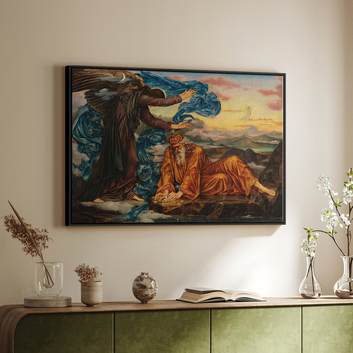Black floater framed canvas of Earthbound, 1897 by Evelyn De Morgan, featuring an allegorical scene with woman resting amid flowing drapery and landscape above a sideboard in a softly lit hallway.