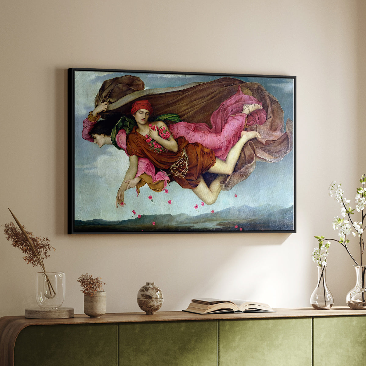 Black floater framed canvas of Night and Sleep, 1878 by Evelyn De Morgan, featuring a symbolic depiction of night and sleep as ethereal figures in motion above a sideboard in a softly lit hallway.