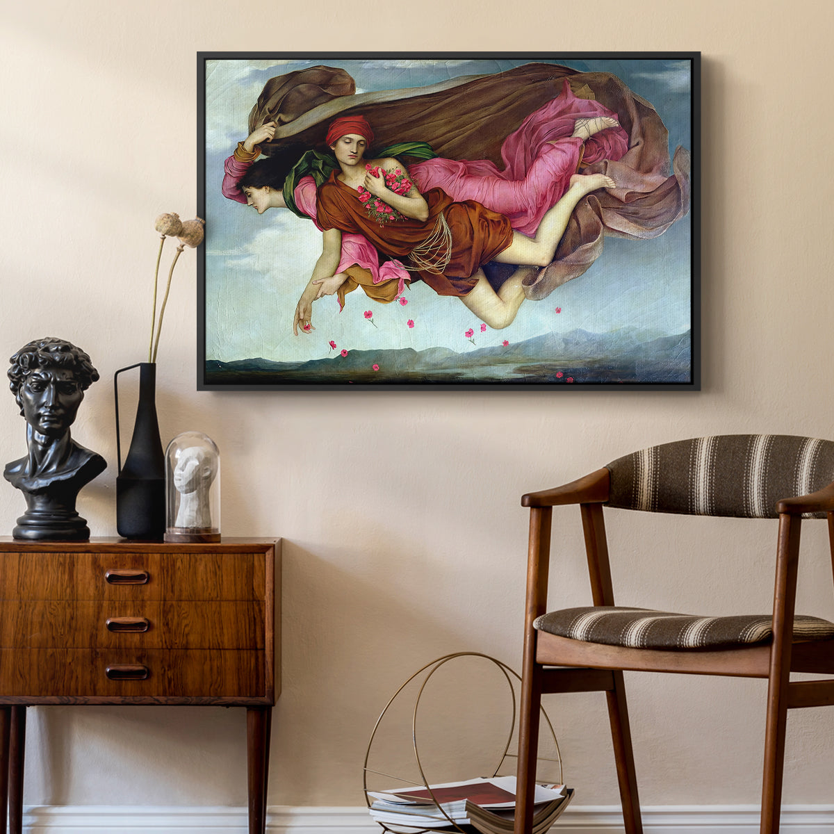 Night and Sleep, 1878 by Evelyn De Morgan as a black floater framed canvas featuring a dreamlike scene with draped figures drifting across dark background, styled above a mid-century console in a contemporary living area.