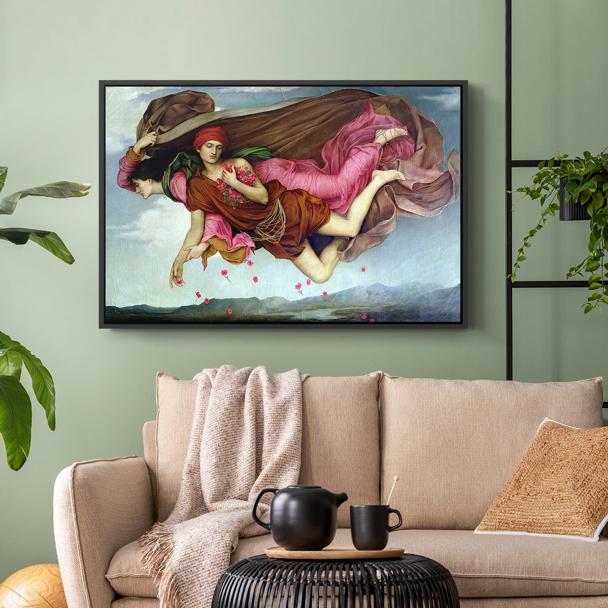 Black floater framed canvas featuring an allegorical painting of intertwined figures in celestial setting, displayed above a sofa in a modern living room.
