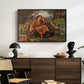 A Soul in Hell, c. 1901-1902 by Evelyn De Morgan displayed in a black floater framed canvas above a dark wood credenza in an entryway.