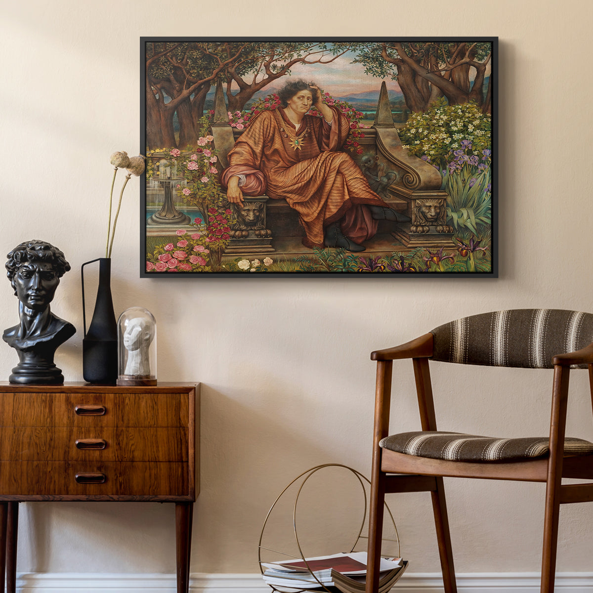 A Soul in Hell, c. 1901-1902 by Evelyn De Morgan as a black floater framed canvas featuring a symbolic depiction of soul in anguish amid chaotic forms, styled above a mid-century console in a contemporary living area.