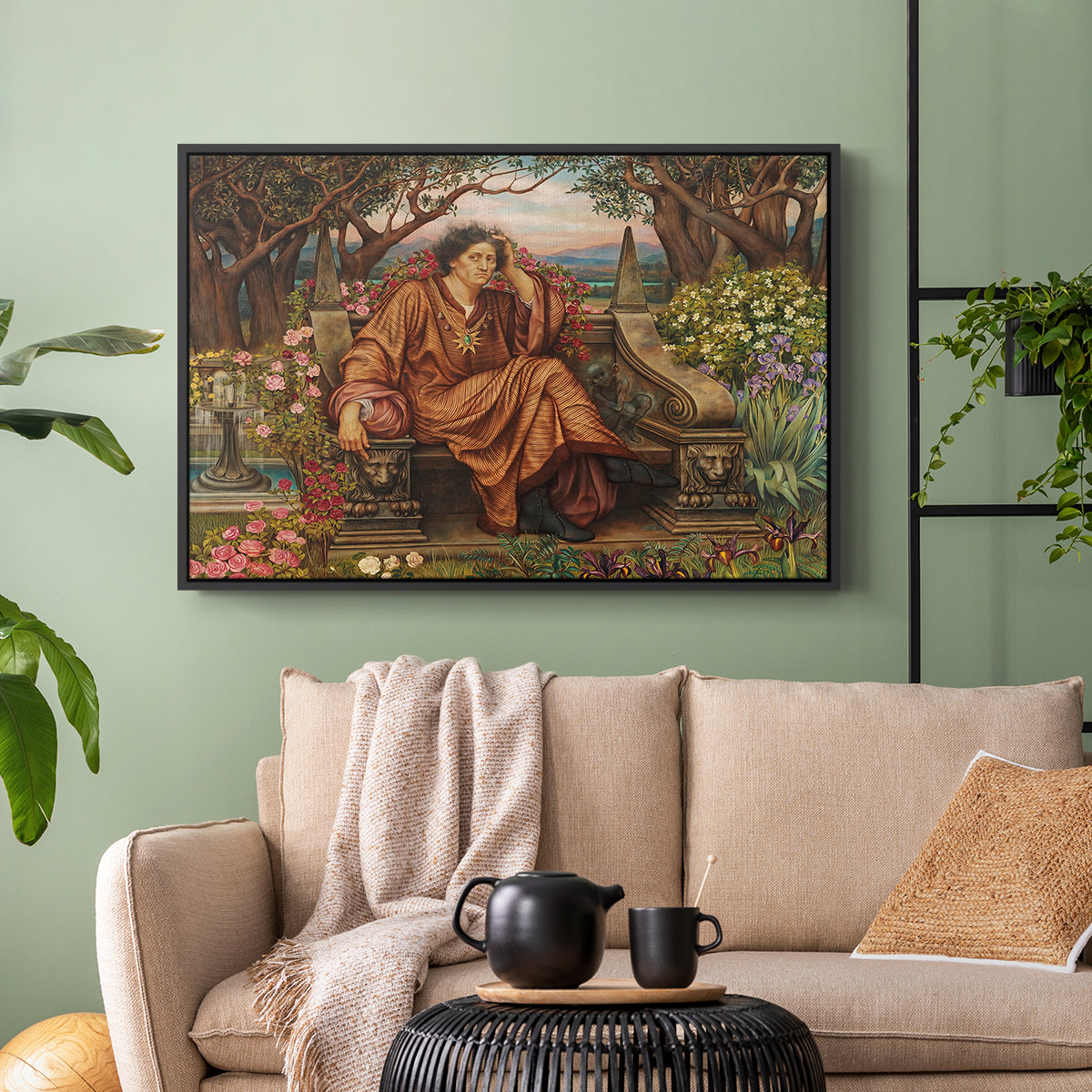 Black floater framed canvas featuring an emotional scene representing torment and spiritual struggle, displayed above a sofa in a modern living room.