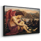 Angled view of The Angel with the Serpent, c. 1870-1875 by Evelyn De Morgan in a black floater framed canvas.