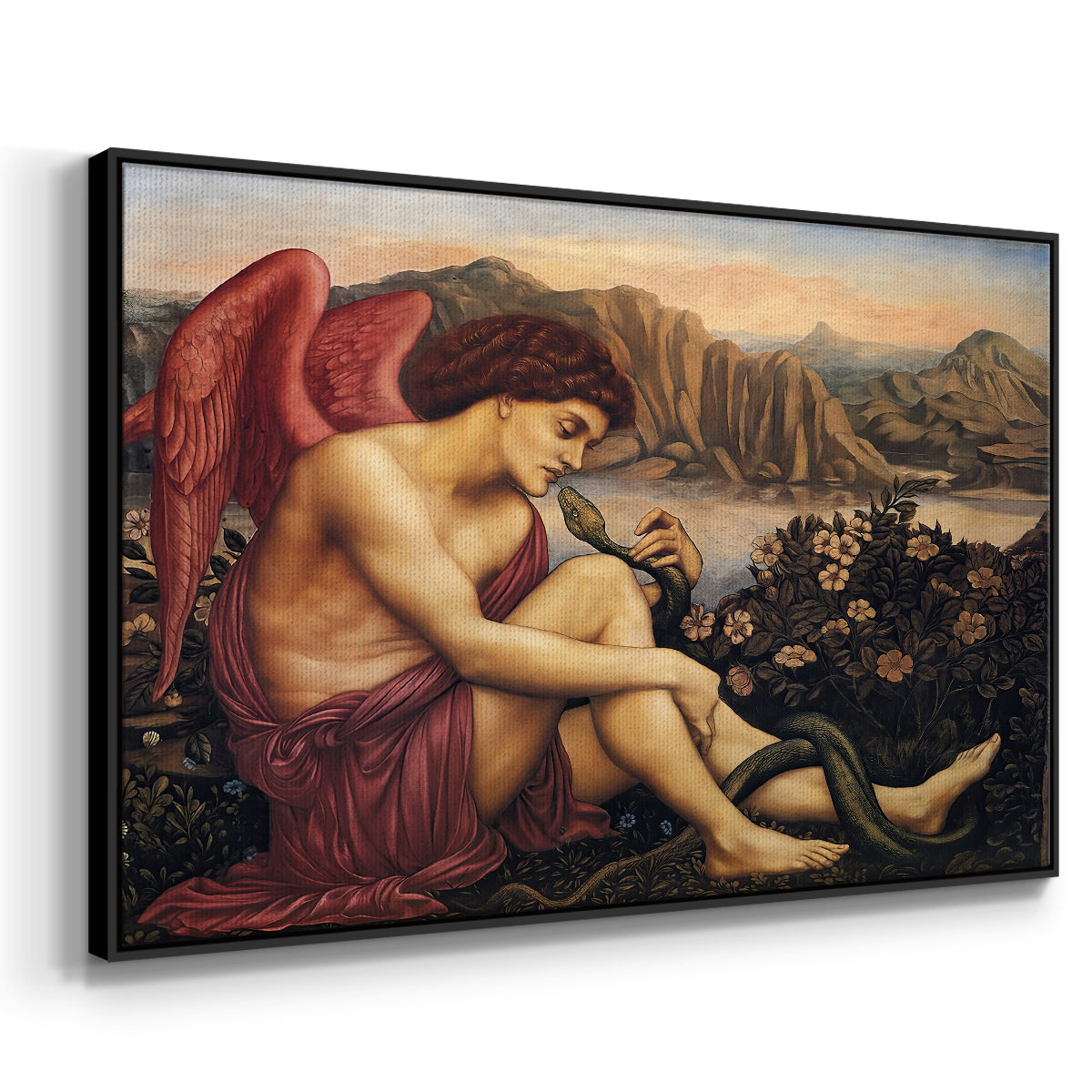 Angled view of The Angel with the Serpent, c. 1870-1875 by Evelyn De Morgan in a black floater framed canvas.