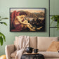 Black floater framed canvas featuring a symbolic imagery of purity overcoming evil forces, displayed above a sofa in a modern living room.