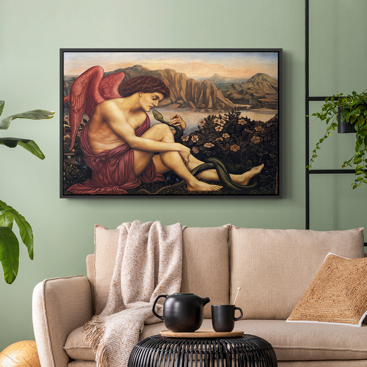 Black floater framed canvas featuring a symbolic imagery of purity overcoming evil forces, displayed above a sofa in a modern living room.