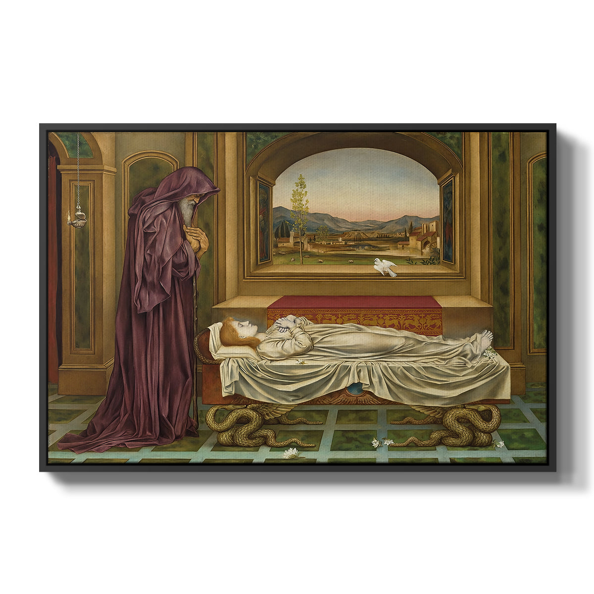The Wandering Jew: Whom the Gods Love Die Young, 1888 by Evelyn De Morgan in a black floater framed canvas wall art display.