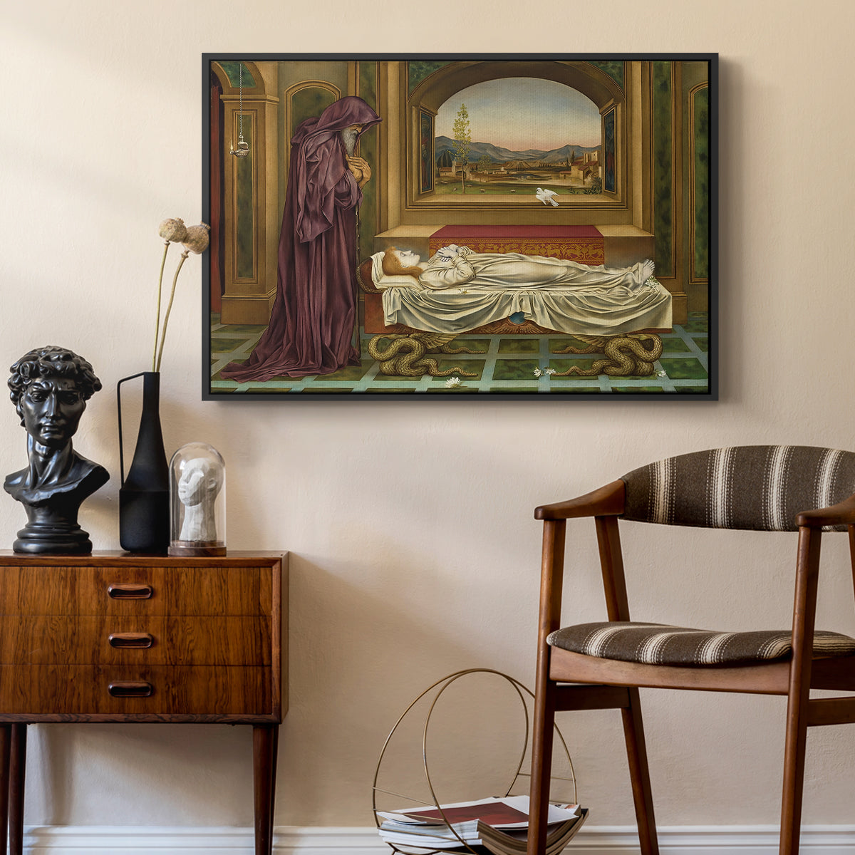 The Wandering Jew: Whom the Gods Love Die Young, 1888 by Evelyn De Morgan as a black floater framed canvas featuring an introspective scene with lone figure framed by interior elements, styled above a mid-century console in a contemporary living area.