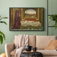 Black floater framed canvas featuring a narrative composition with figure paused in reflective moment, displayed above a sofa in a modern living room.