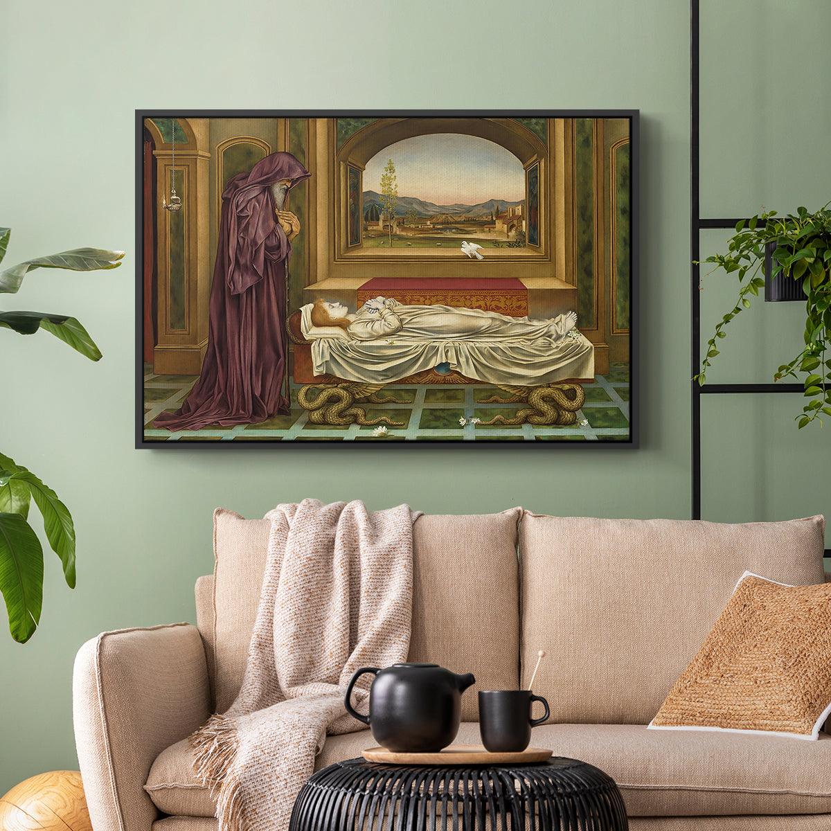 Black floater framed canvas featuring a narrative composition with figure paused in reflective moment, displayed above a sofa in a modern living room.