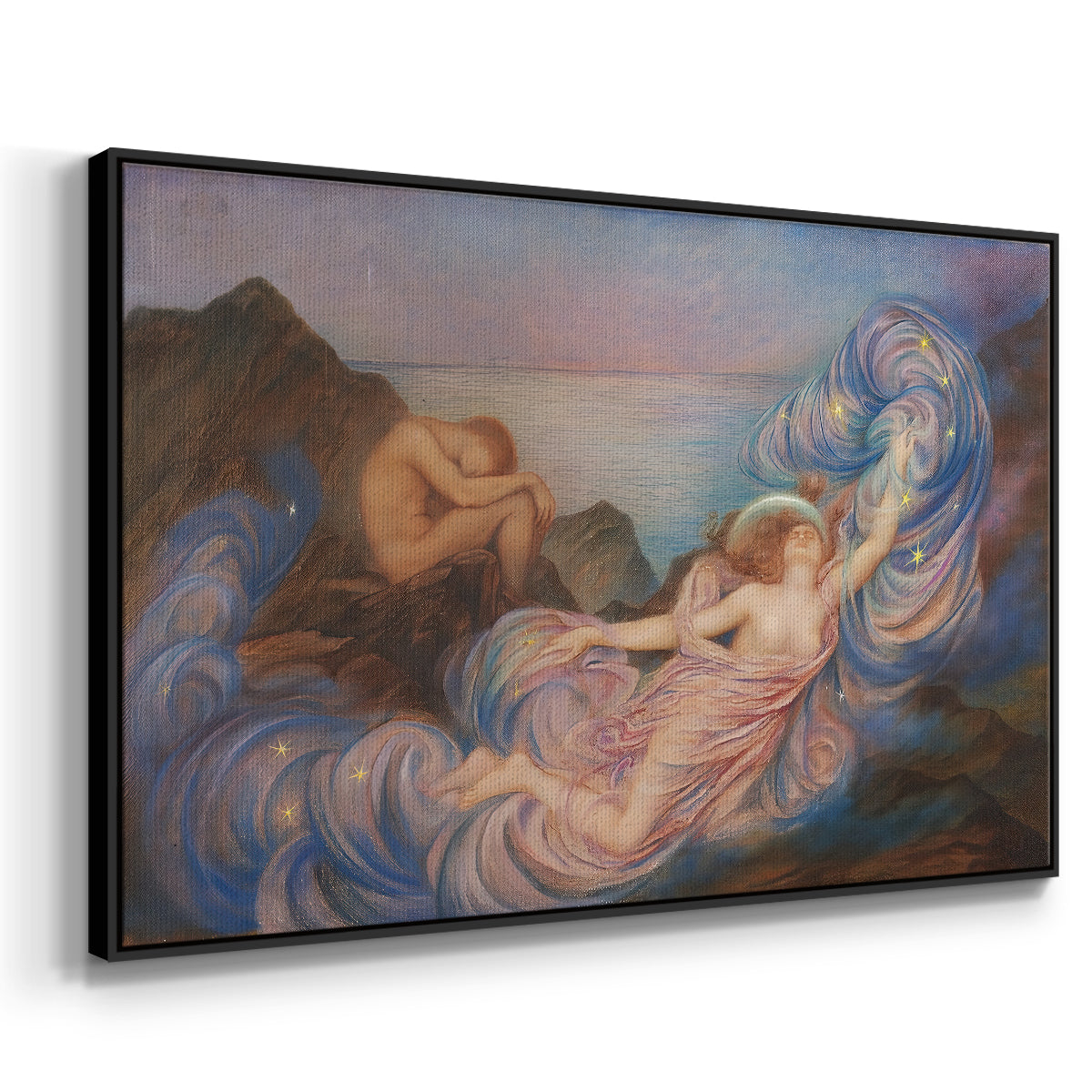 Angled view of Twilight, 1914 by Evelyn De Morgan in a black floater framed canvas.