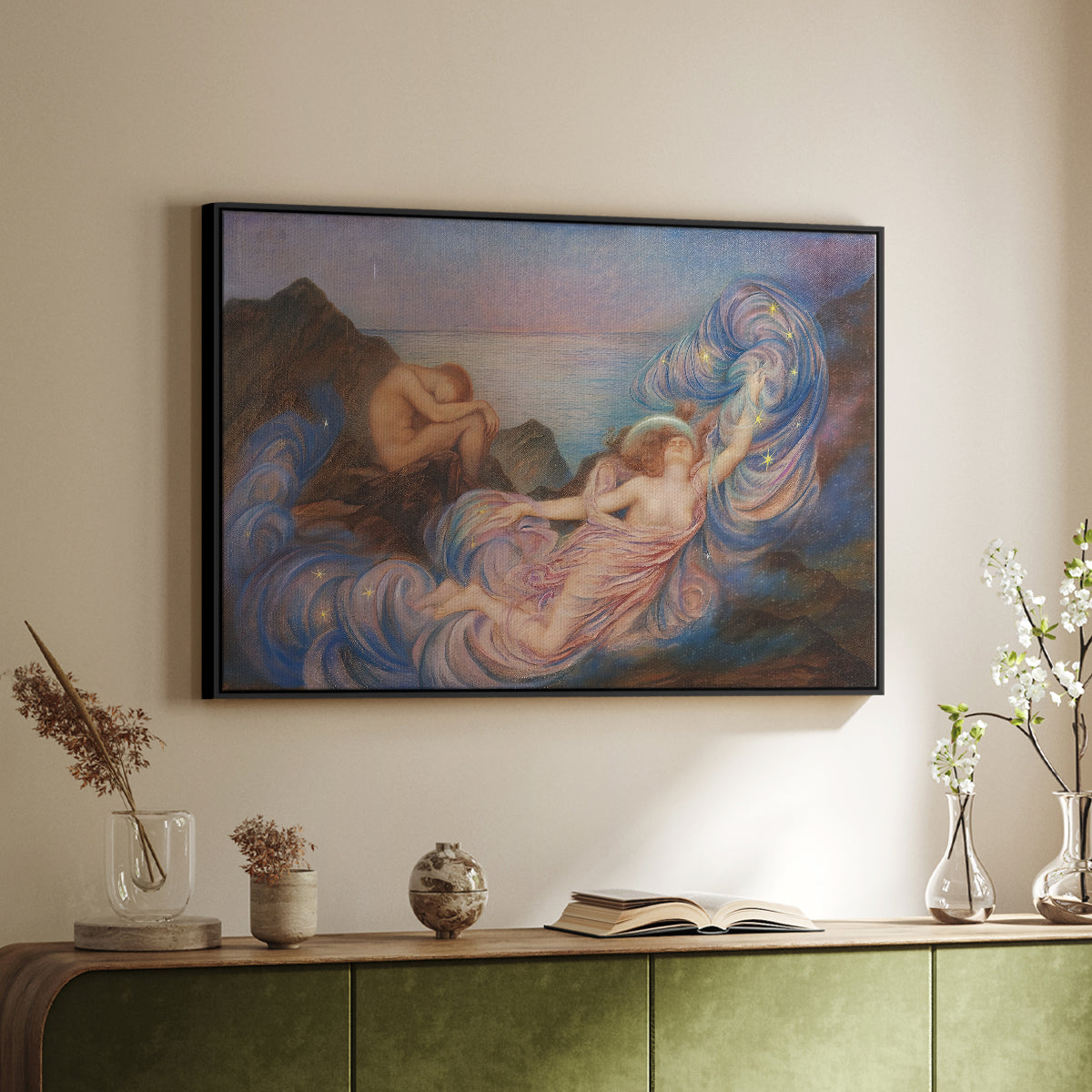 Black floater framed canvas of Twilight, 1914 by Evelyn De Morgan, featuring an allegorical figure resting in atmospheric dusk setting above a sideboard in a softly lit hallway.