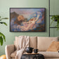 Black floater framed canvas featuring a symbolic scene of figure surrounded by evening tones, displayed above a sofa in a modern living room.