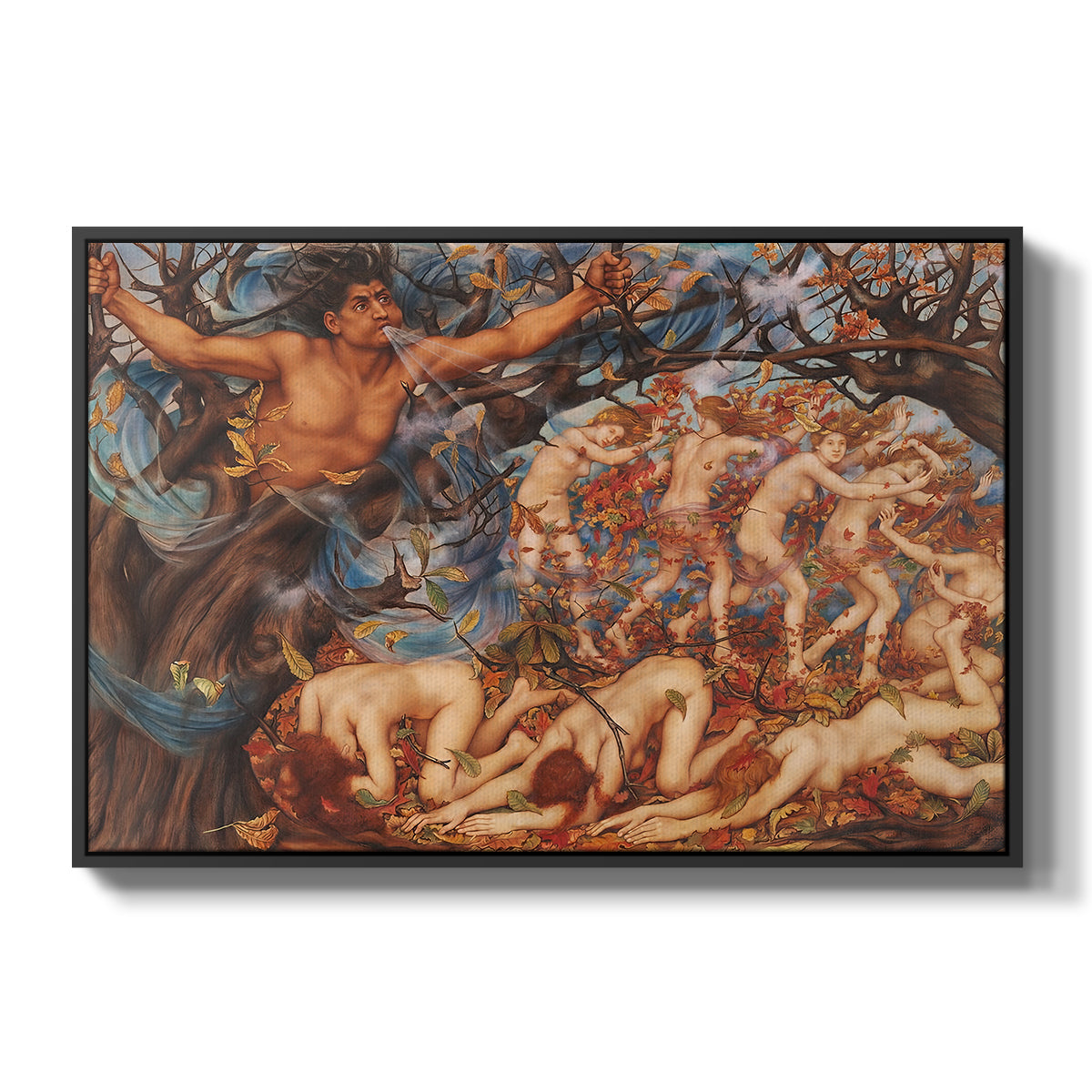Boreas and the Fallen Leaves, c. 1910-1914 by Evelyn De Morgan in a black floater framed canvas wall art display.