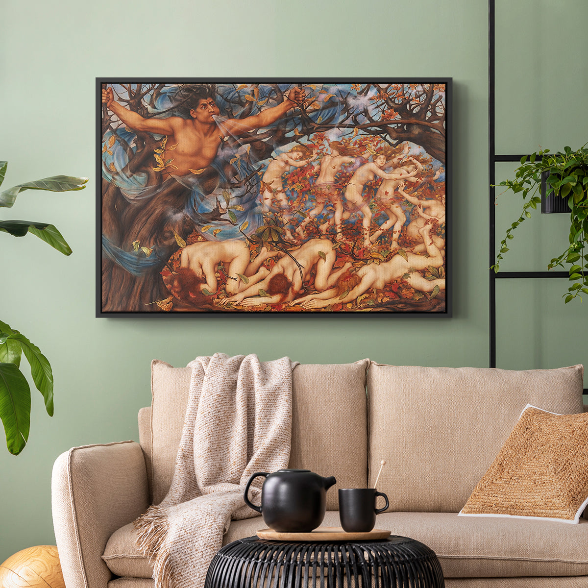 Black floater framed canvas featuring a symbolic representation of motion and seasonal change, displayed above a sofa in a modern living room.