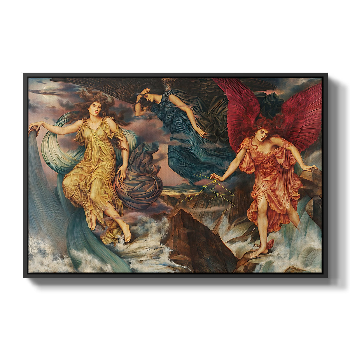 The Storm Spirits, 1900 by Evelyn De Morgan in a black floater framed canvas wall art display.