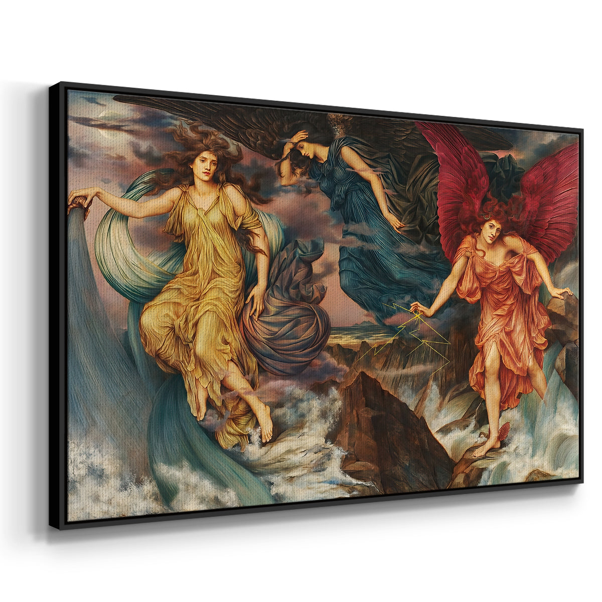 Angled view of The Storm Spirits, 1900 by Evelyn De Morgan in a black floater framed canvas.