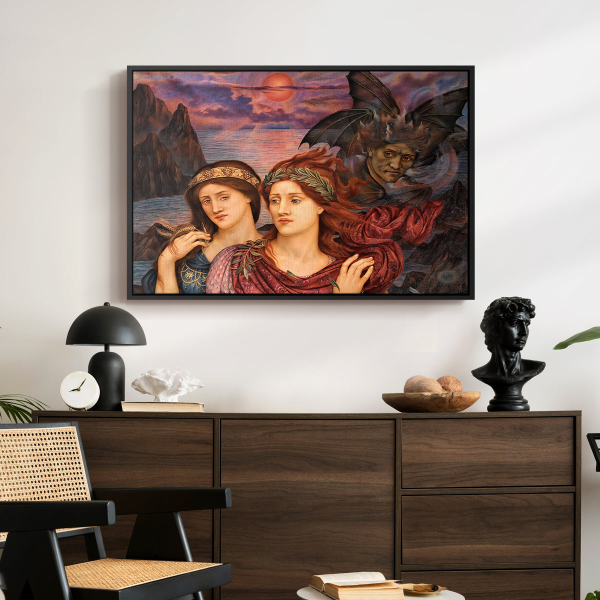 The Vision, 1914 by Evelyn De Morgan displayed in a black floater framed canvas above a dark wood credenza in an entryway.