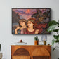 The Vision, 1914 by Evelyn De Morgan in a black floater framed canvas featuring two female figures gazing outward with vivid sky behind them, displayed above a wood console cabinet.