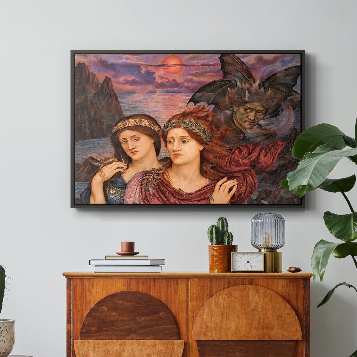 The Vision, 1914 by Evelyn De Morgan in a black floater framed canvas featuring two female figures gazing outward with vivid sky behind them, displayed above a wood console cabinet.