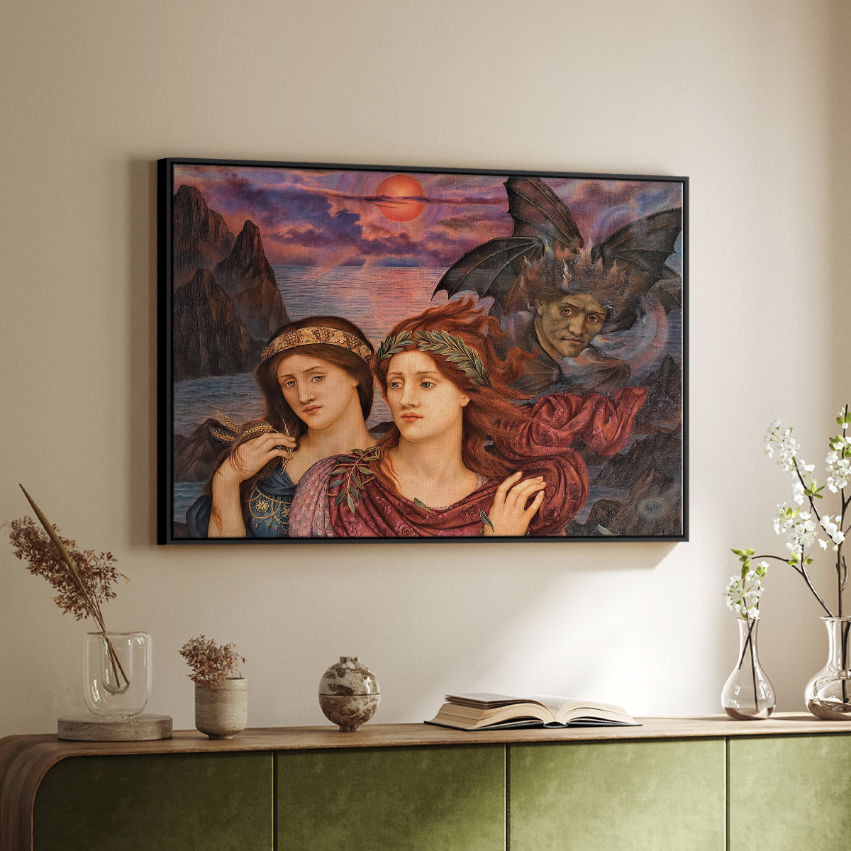 Black floater framed canvas of The Vision, 1914 by Evelyn De Morgan, featuring a symbolic portrait of women framed by colorful atmospheric background above a sideboard in a softly lit hallway.