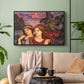 Black floater framed canvas featuring an allegorical scene emphasizing emotion and color, displayed above a sofa in a modern living room.