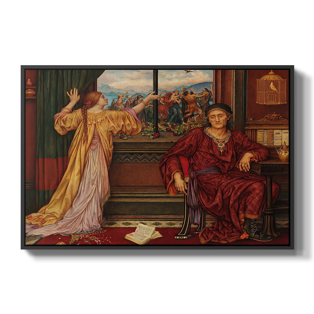 The Gilded Cage, c. 1901-1902 by Evelyn De Morgan in a black floater framed canvas wall art display.