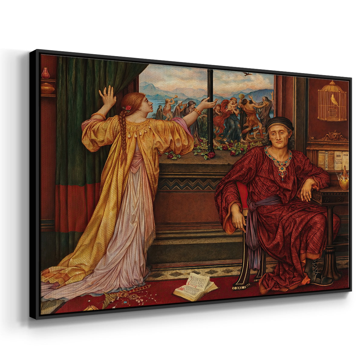 Angled view of The Gilded Cage, c. 1901-1902 by Evelyn De Morgan in a black floater framed canvas.
