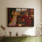 Black floater framed canvas of The Gilded Cage, c. 1901-1902 by Evelyn De Morgan, featuring a symbolic scene of figure enclosed within decorative surroundings above a sideboard in a softly lit hallway.