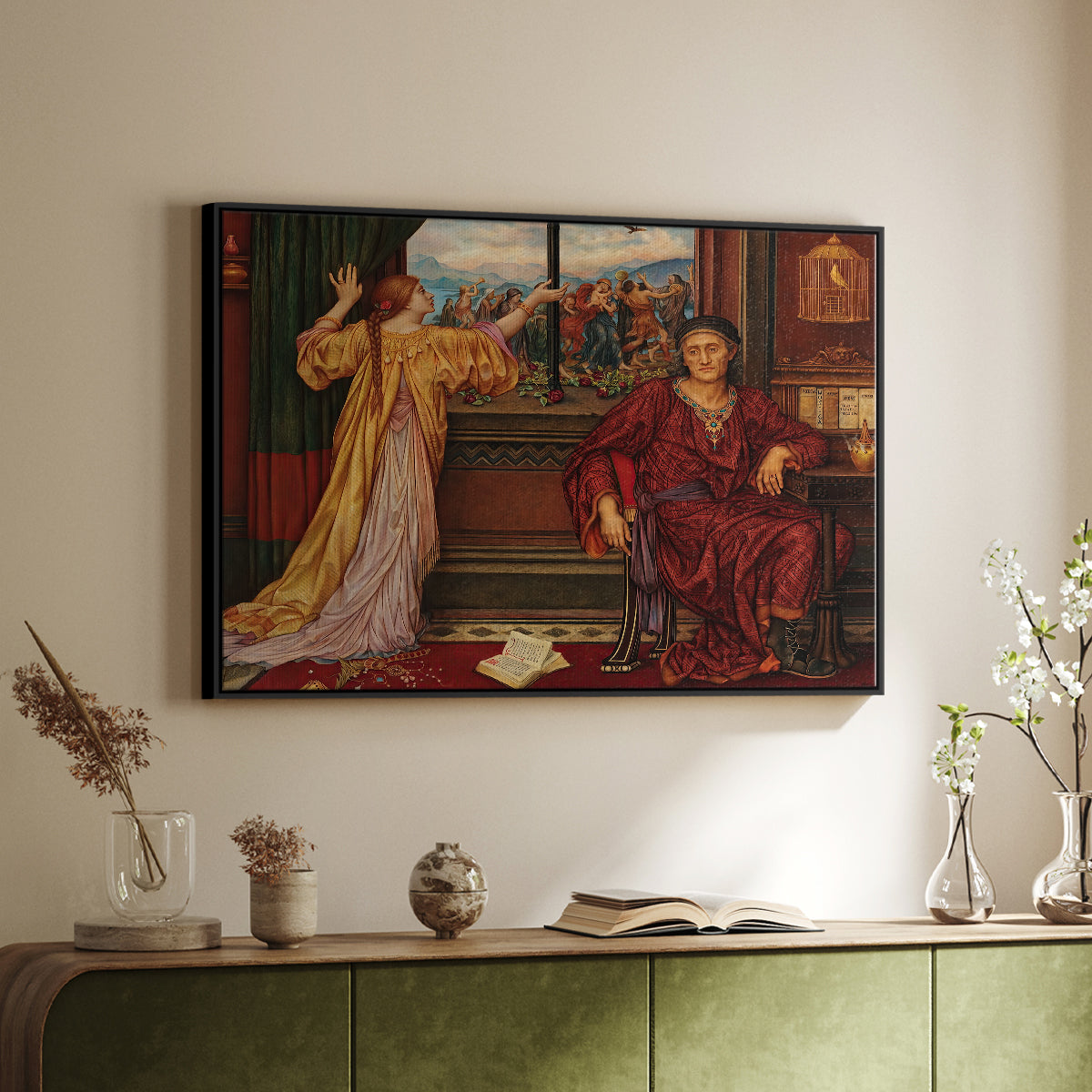 Black floater framed canvas of The Gilded Cage, c. 1901-1902 by Evelyn De Morgan, featuring a symbolic scene of figure enclosed within decorative surroundings above a sideboard in a softly lit hallway.