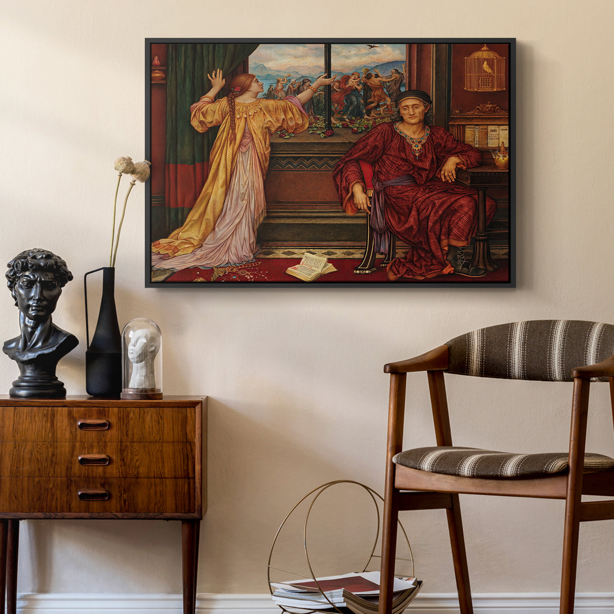 The Gilded Cage, c. 1901-1902 by Evelyn De Morgan as a black floater framed canvas featuring an interior composition with woman and gilded elements suggesting restriction, styled above a mid-century console in a contemporary living area.