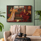 Black floater framed canvas featuring an allegorical depiction of beauty and captivity, displayed above a sofa in a modern living room.