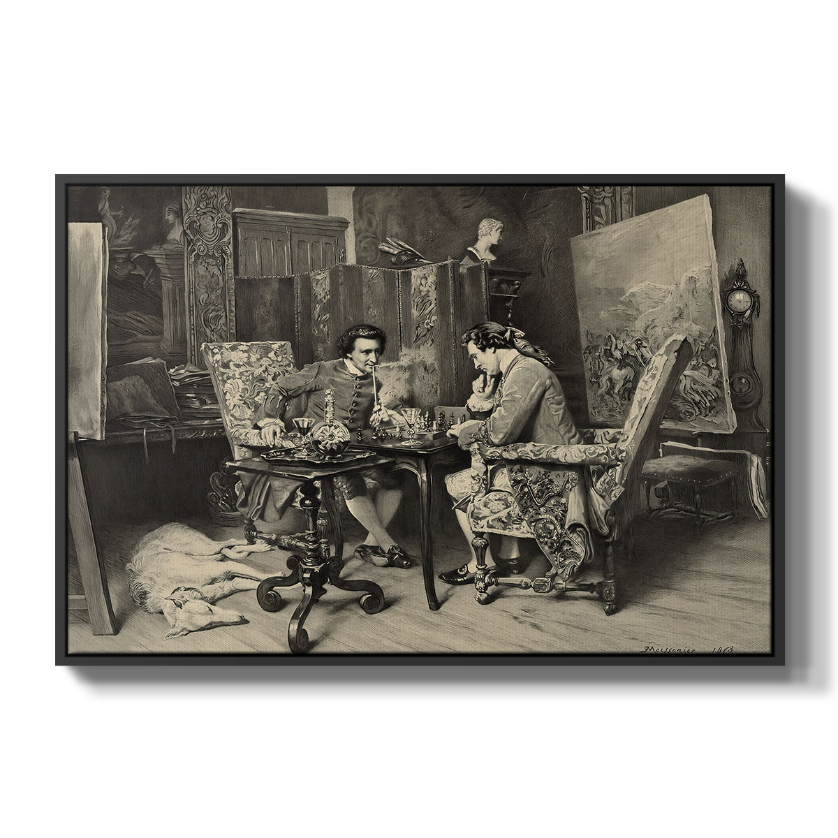 The Chess Players, 1858 by Ernest Meissonier in a black floater framed canvas wall art display.