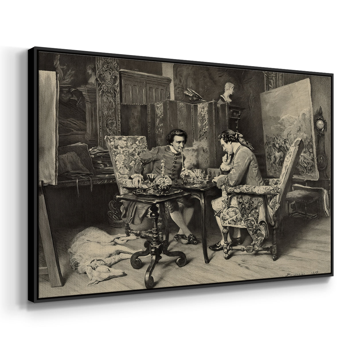 Angled view of The Chess Players, 1858 by Ernest Meissonier in a black floater framed canvas.