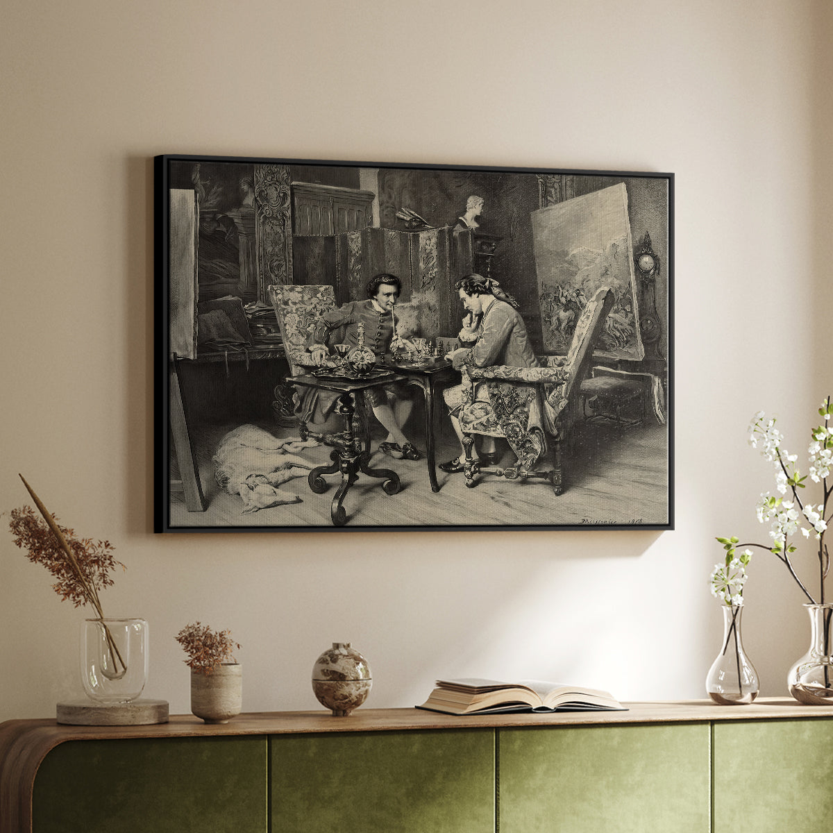 Black floater framed canvas of The Chess Players, 1858 by Ernest Meissonier, featuring a realistic scene of figures concentrating on chess game indoors above a sideboard in a softly lit hallway.