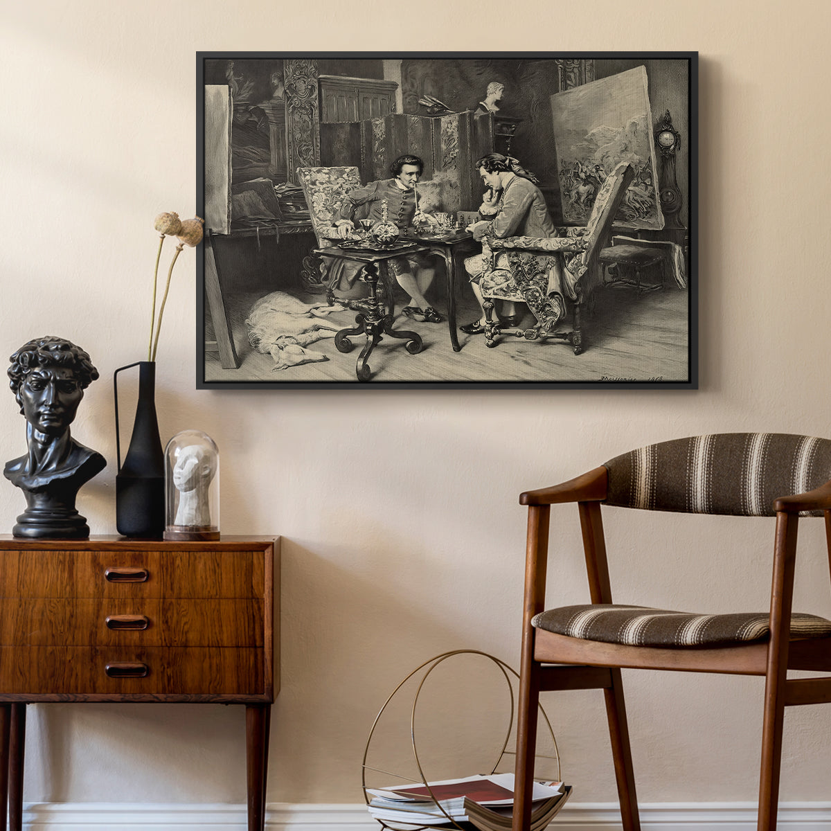 The Chess Players, 1858 by Ernest Meissonier as a black floater framed canvas featuring an intimate interior with players focused on board and pieces, styled above a mid-century console in a contemporary living area.