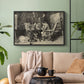Black floater framed canvas featuring a monochrome-style depiction of strategic game between two figures, displayed above a sofa in a modern living room.