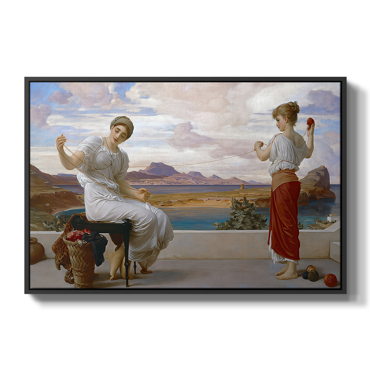 Winding the Skein, c. 1878 by Frederic Leighton in a black floater framed canvas wall art display.