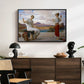 Winding the Skein, c. 1878 by Frederic Leighton displayed in a black floater framed canvas above a dark wood credenza in an entryway.