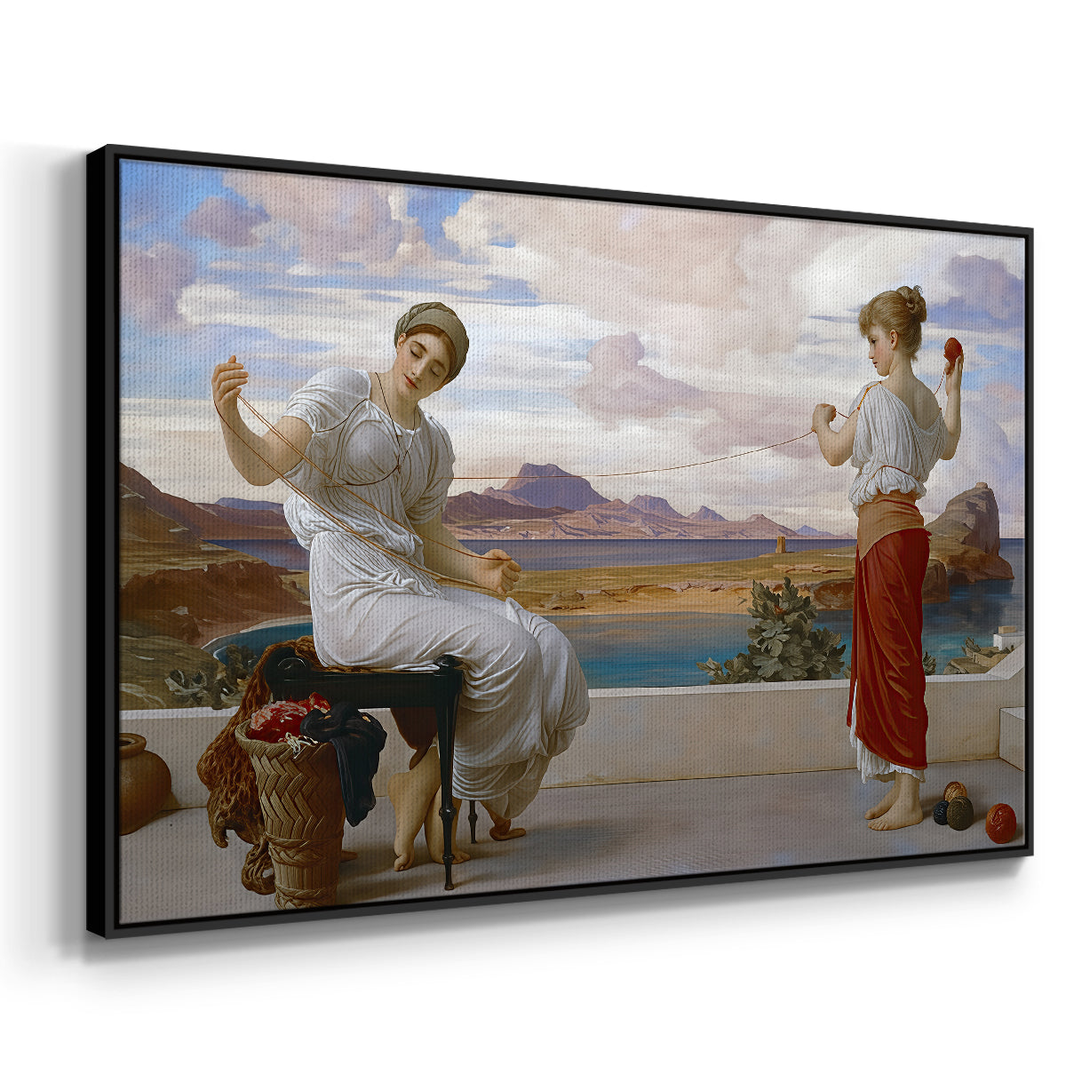Angled view of Winding the Skein, c. 1878 by Frederic Leighton in a black floater framed canvas.