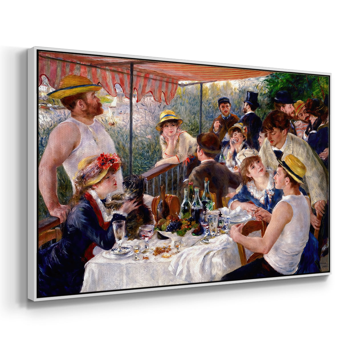 Angled view of Luncheon of the Boating Party (Le Déjeuner des canotiers), 1880-1881 by Pierre-Auguste Renoir in a white floater framed canvas.